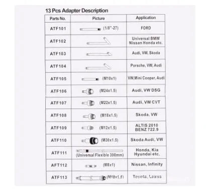Automatic transmission oil refuelling tool kit with 13 pieces including transmission injector tool