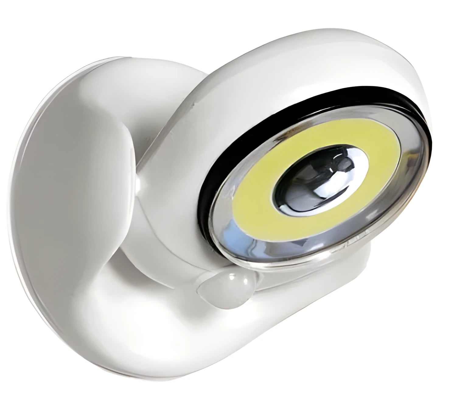 White Atomic Angel induction light lamp on a surface showing its compact size.