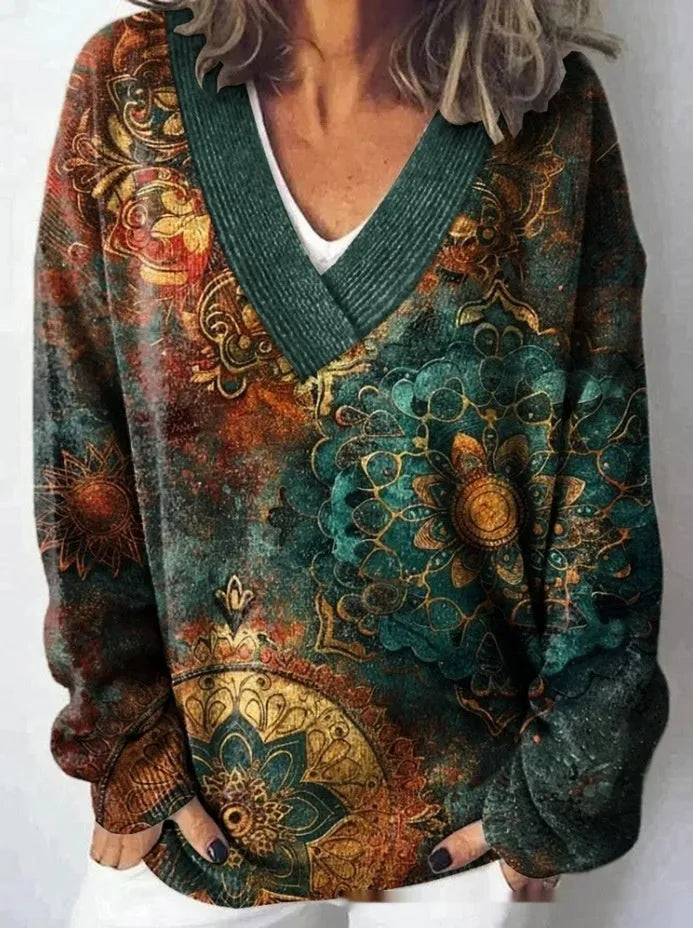Women's V-neck floral pattern printed sweatshirt with 3D effect and long sleeves