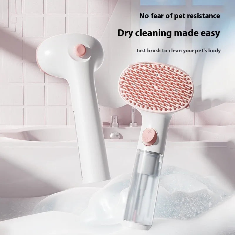3-in-1 pet steam brush with adjustable comb, available in White Pink and White Red colours, for dog grooming