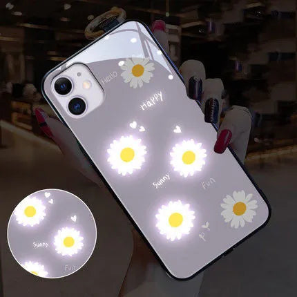 iPhone luminous phone case with voice-activated colour light and painted daisy designs on TPU protective shell