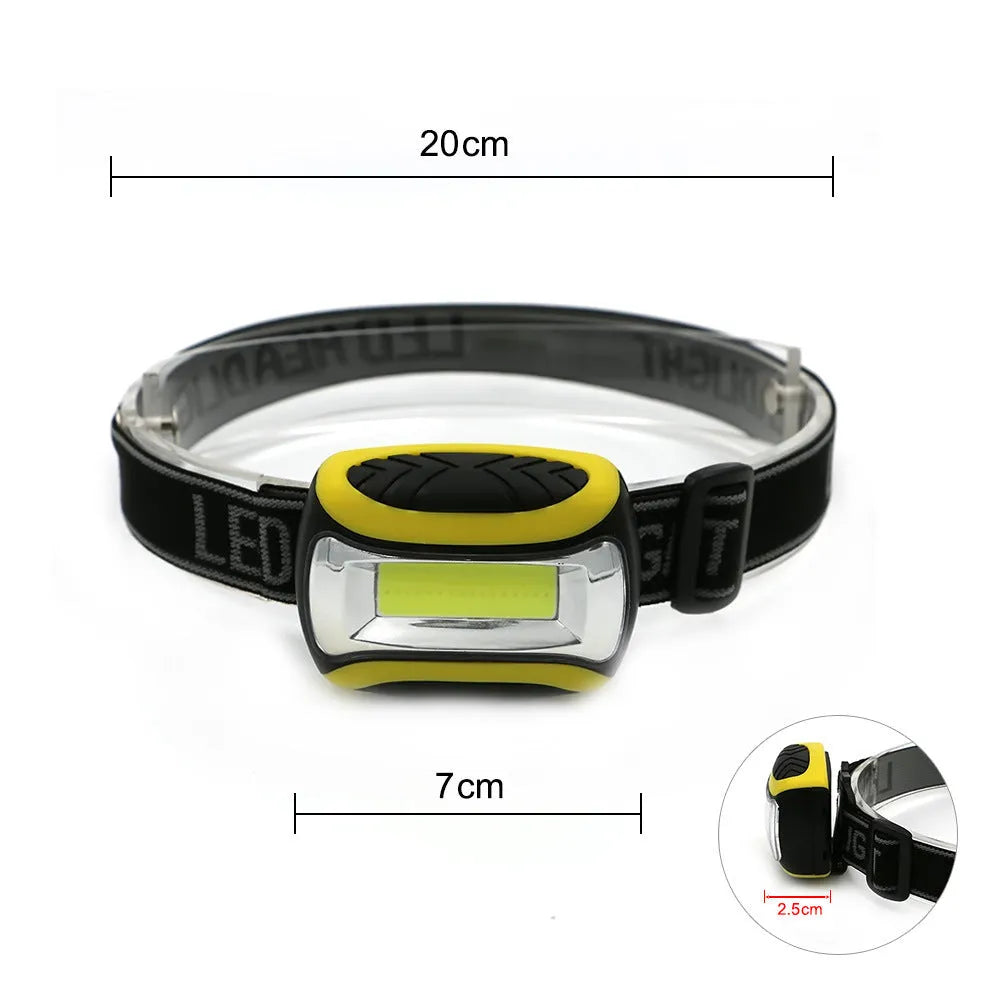 Yellow plastic three-speed COB LED headlamp for outdoor and work use.
