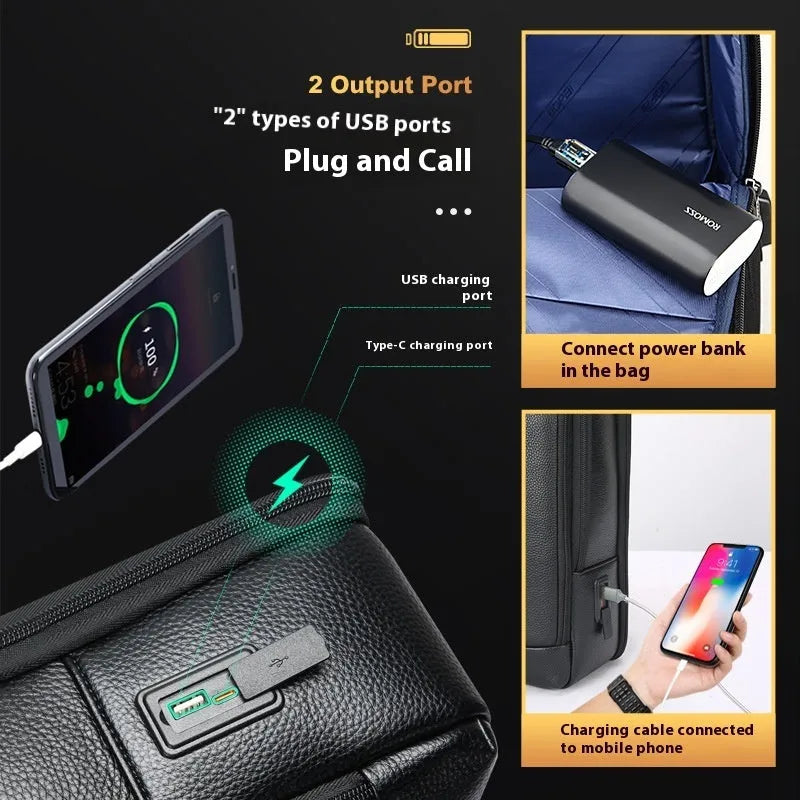 Black business leather backpack with USB port and curved shoulder straps