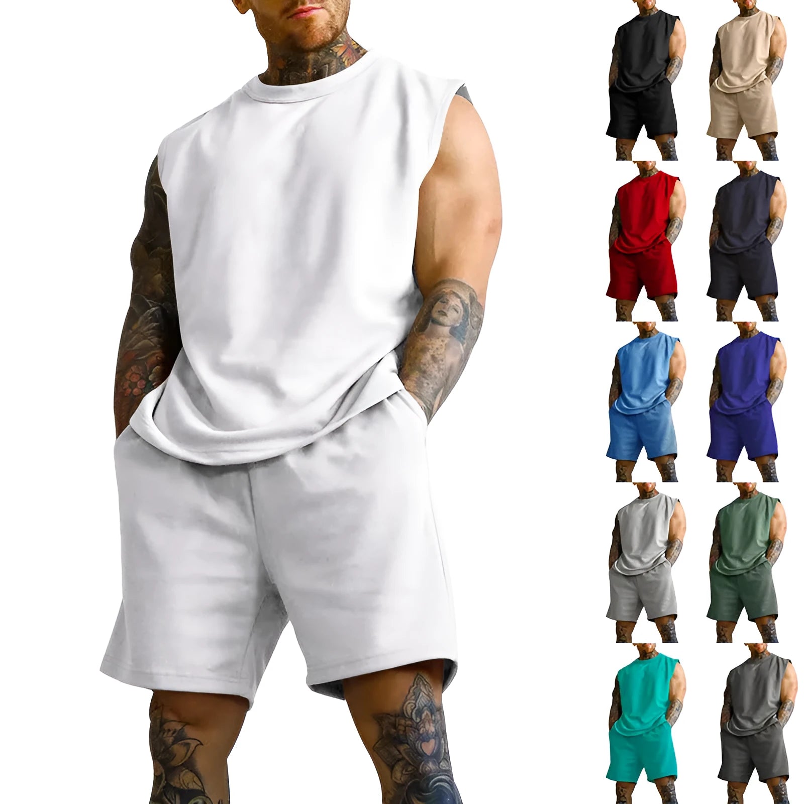 Men's sleeveless cotton blend sports suit showing sleeveless top and matching shorts in a solid colour.