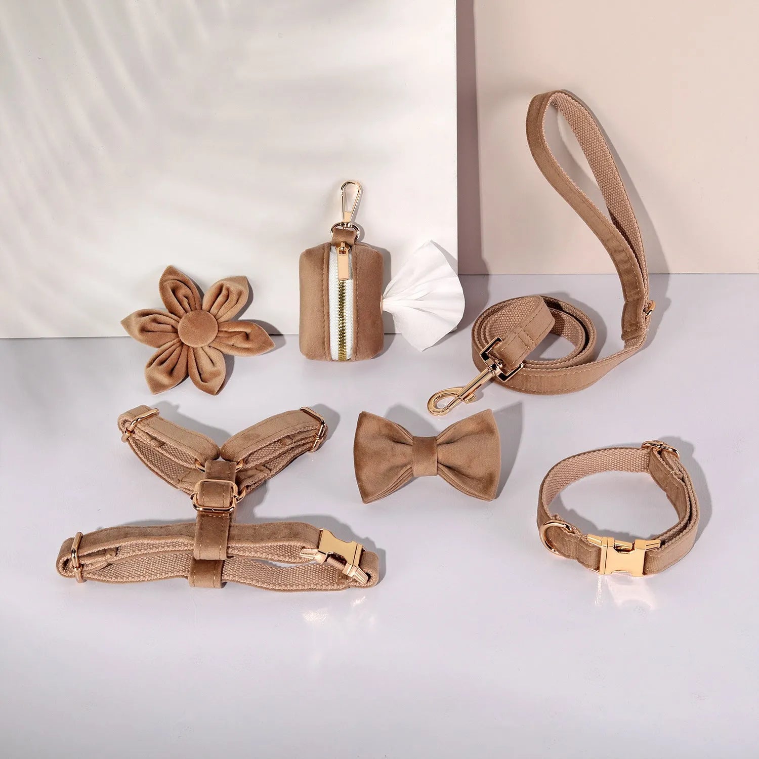 Classic velvet dog collar and matching lead set with chest strap, bow tie, and flower accessory in assorted colours.