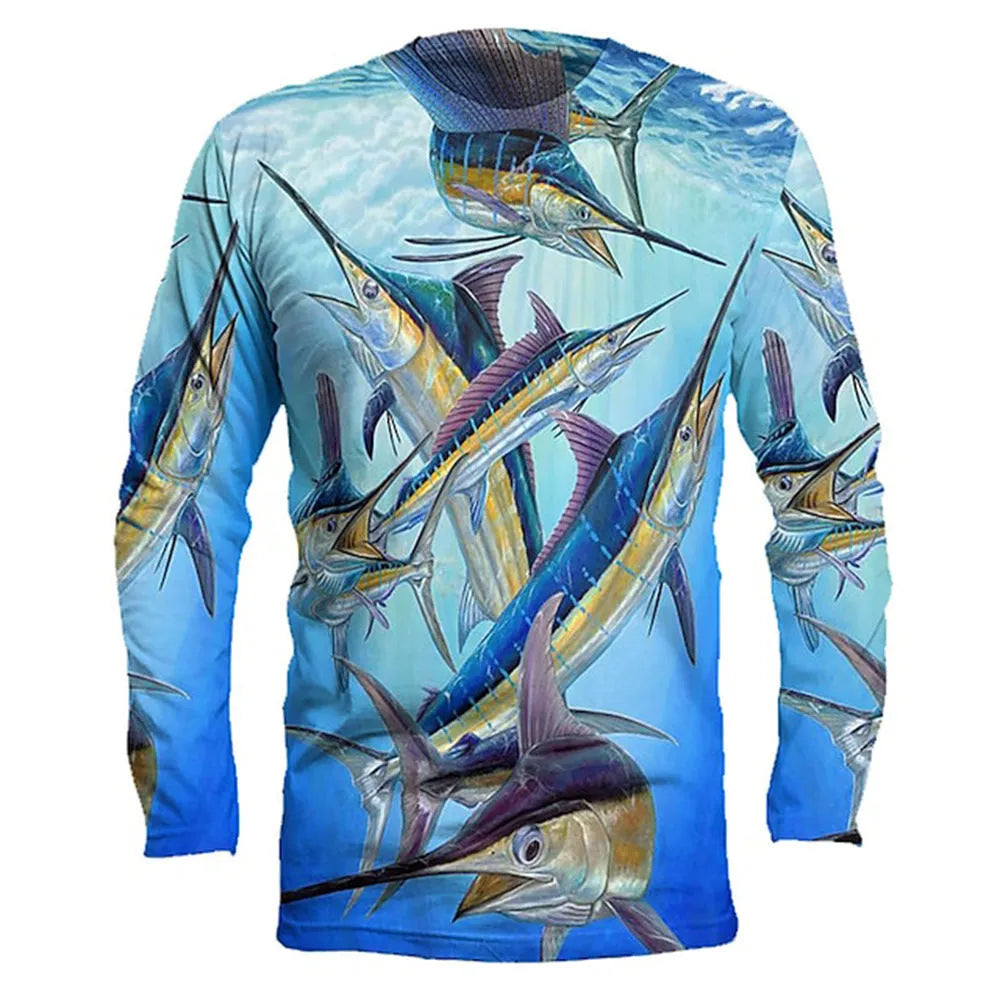 Men's grey round neck pullover top with a fish pattern print on the front.