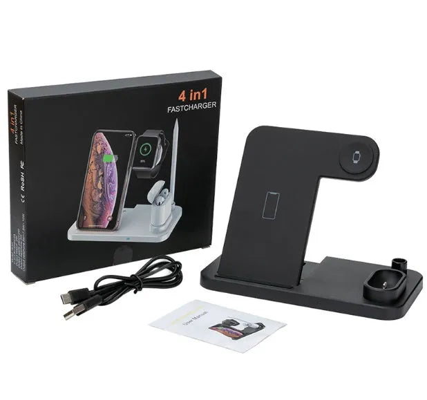 4-in-1 foldable wireless charging station showing phone, Apple Watch, and AirPods charging on adjustable stand