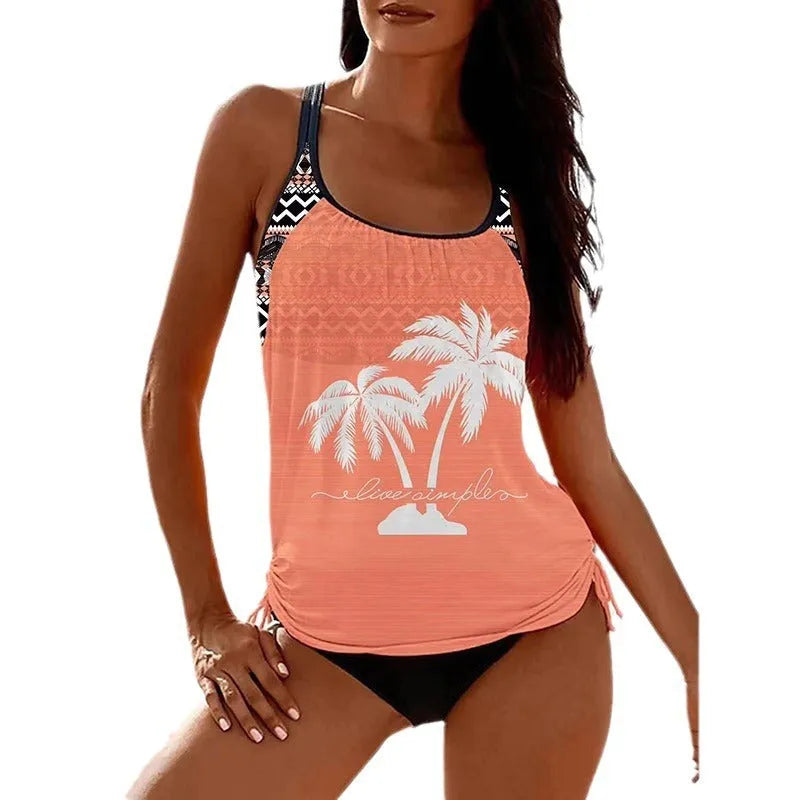 Women's loose-fit tangini bikini set in polyester, shown in army green colour with split-side design.
