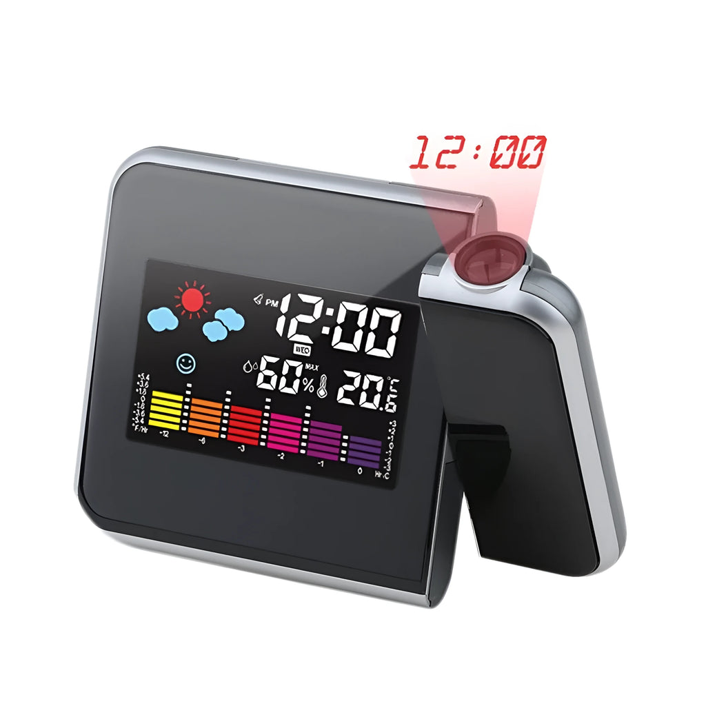 Black digital projection alarm clock with LED display showing temperature and humidity readings