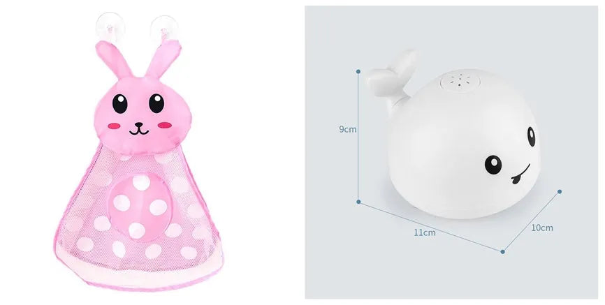 Blue and white whale bath toy with water spray and flashing lights for baby sensory play