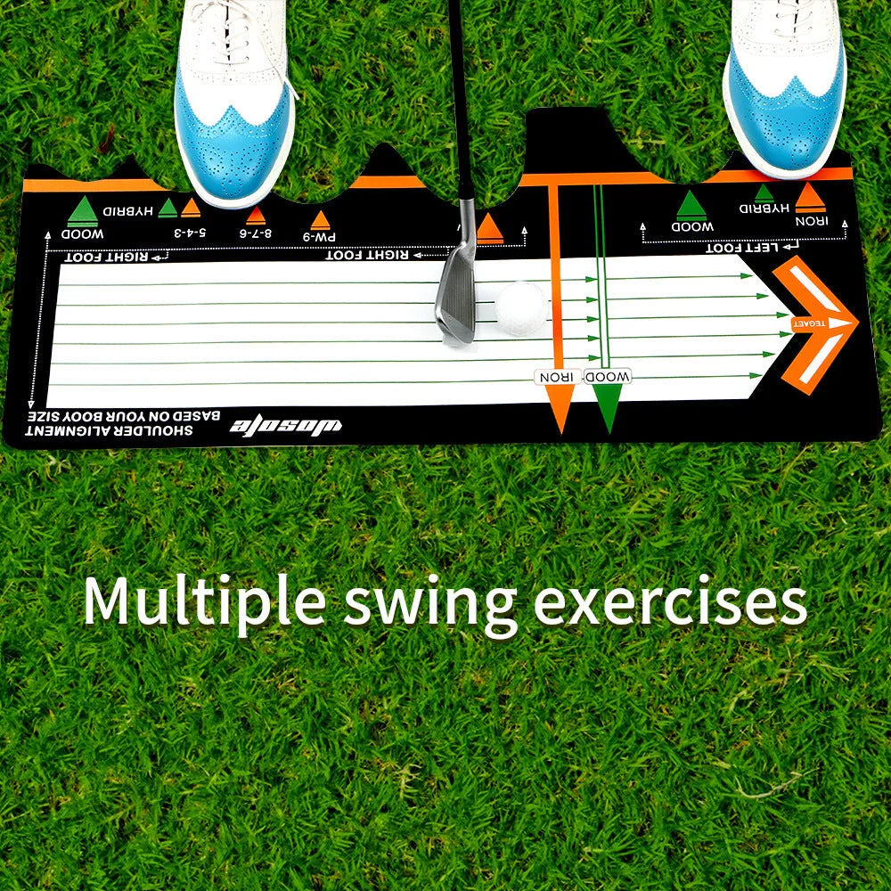 Black neoprene golf swing stance correction pad with positioning markings for alignment practice