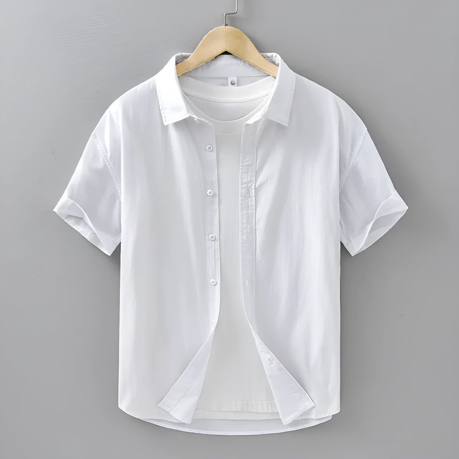 Men's casual short-sleeved pure cotton shirt in white, loose cardigan style