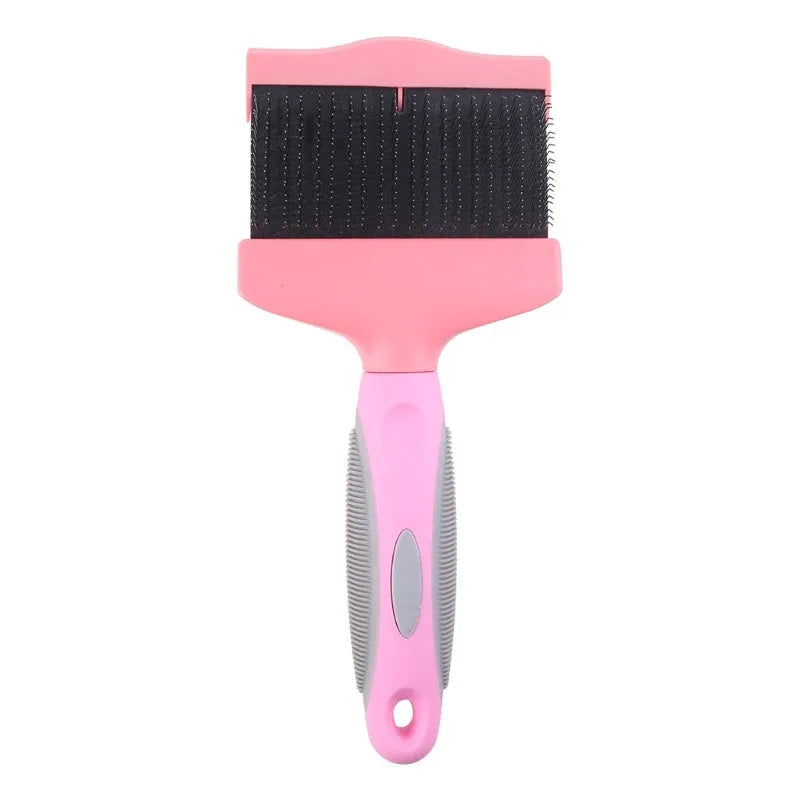 Double-sided pet grooming brush with stainless steel pins and ergonomic handle in blue colour