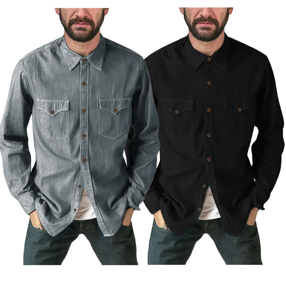 Men's regular fit denim cardigan coat in khaki, black, blue, or grey.