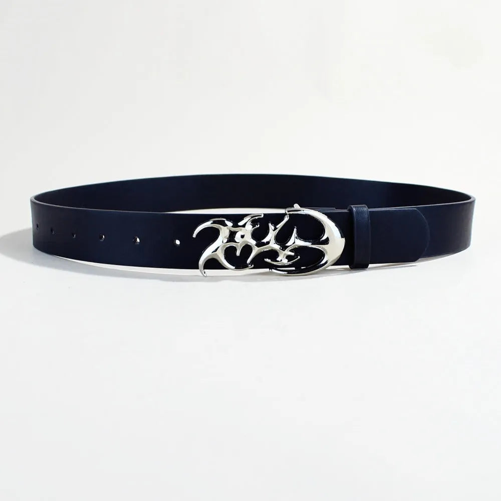 Silver buckle on a 3.3cm wide, 105cm long PU leather casual belt with snap button.