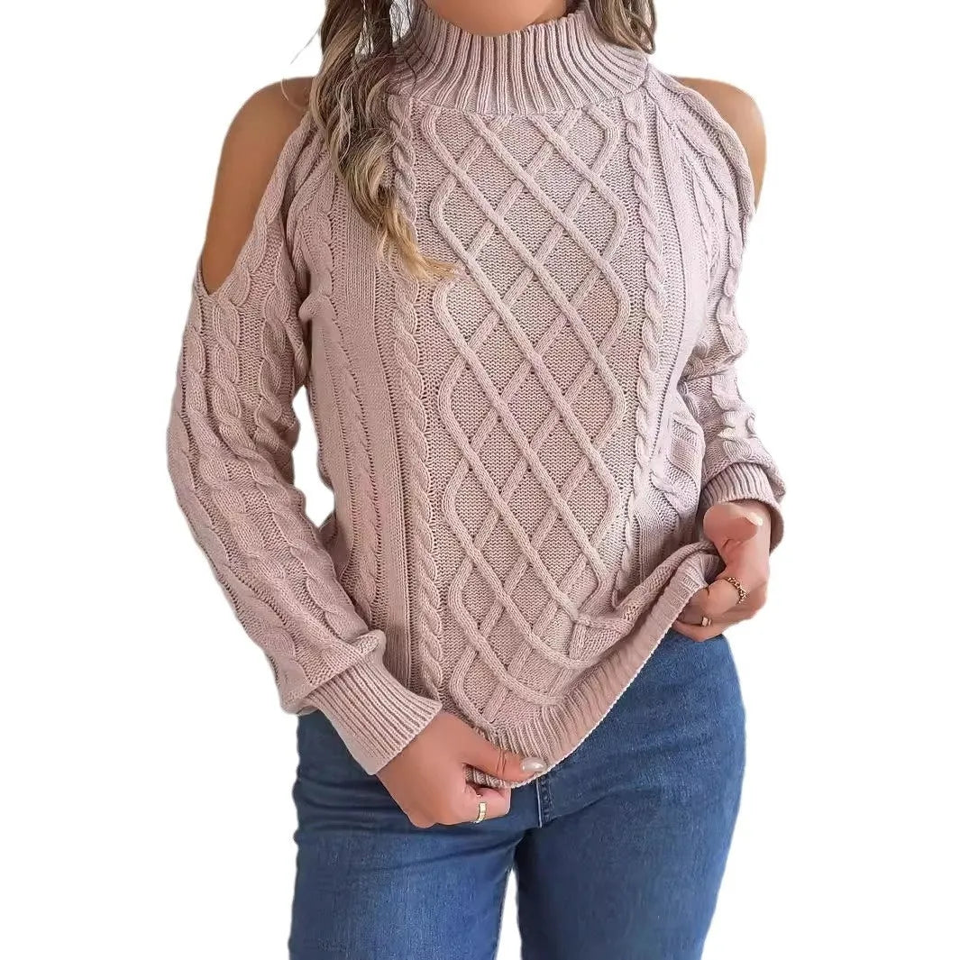 Women's strapless twist design casual sweater in acrylic fabric with half-high collar and lantern sleeves