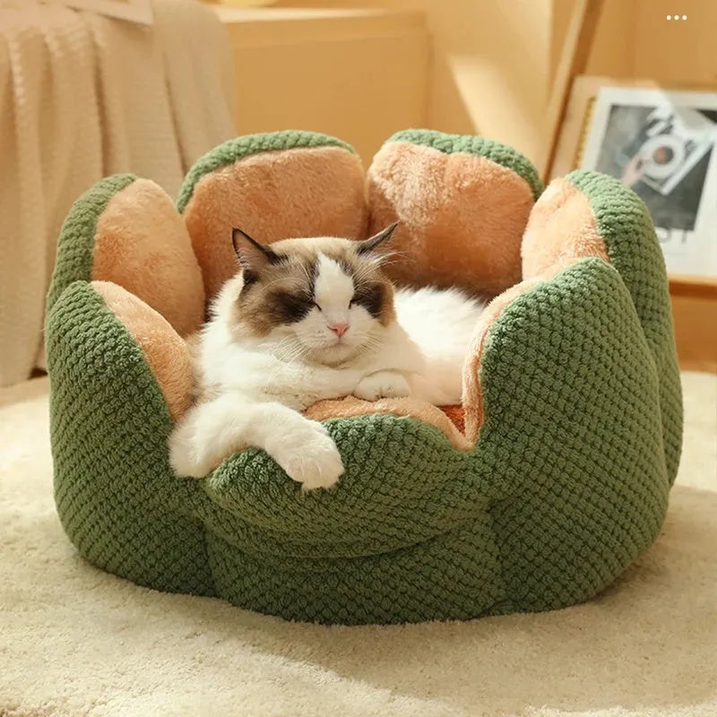 Cactus petal shape pet bed in plush material with sheltered design and non-slip base