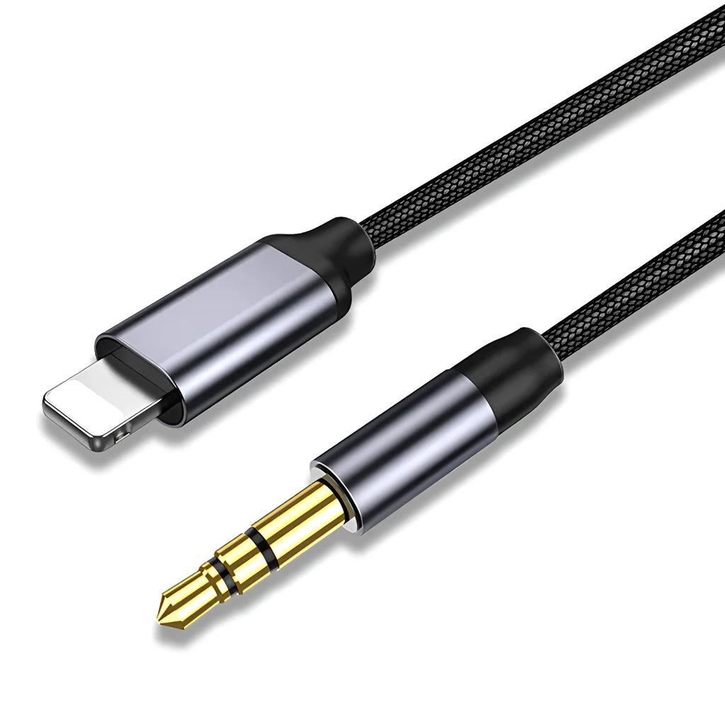 Black nylon braided audio cable with 3.5mm connectors next to silver version.