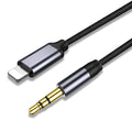 Black nylon braided audio cable with 3.5mm connectors next to silver version.