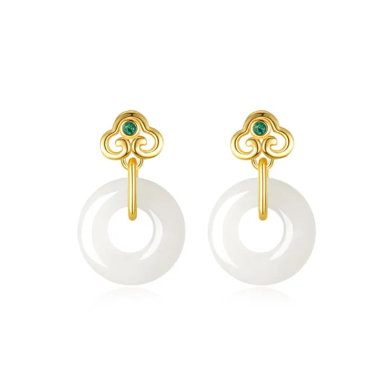 Chinese Ruyi safety buckle earrings in S925 sterling silver with natural Hetian jade, geometric national fashion style