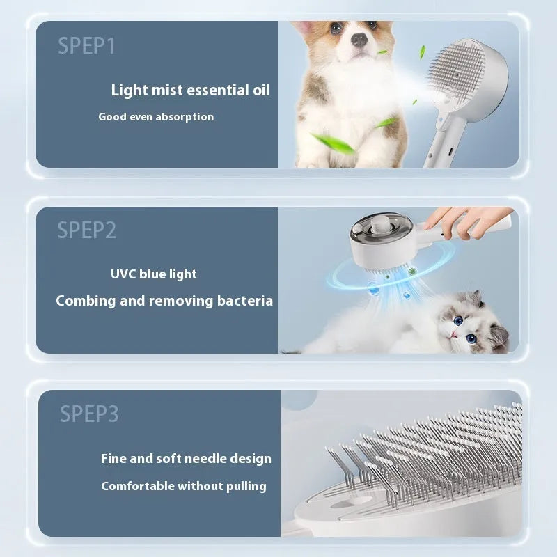 Ceramic white rechargeable pet grooming brush with UVC light and misting function on a dog's coat.