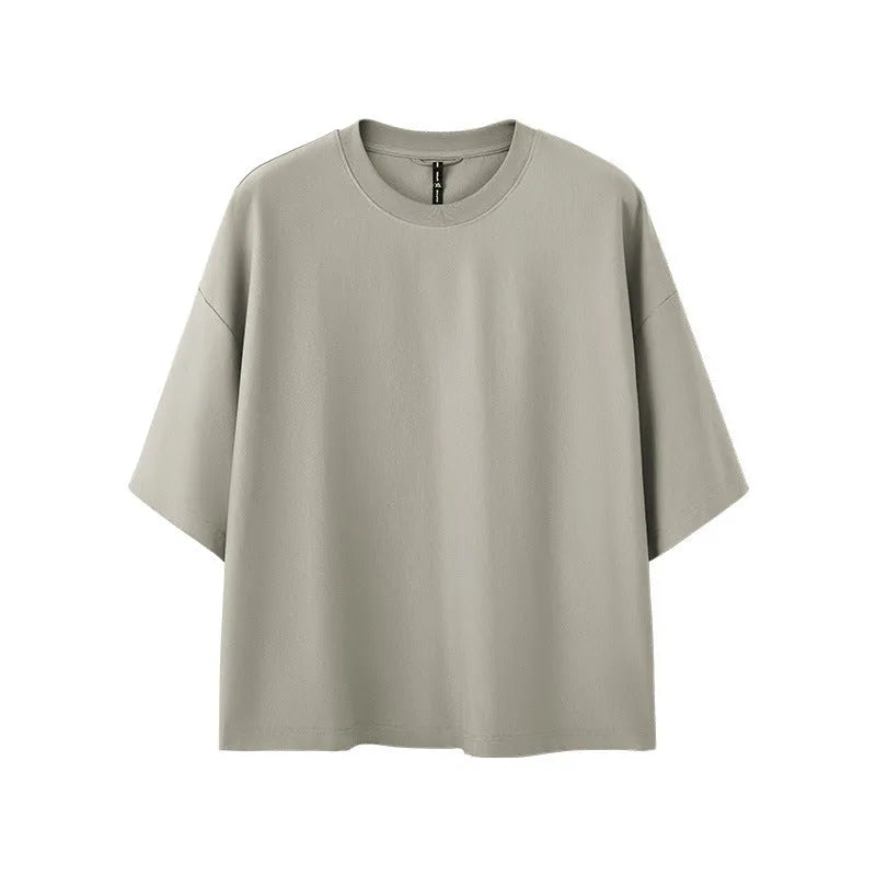 Men's sand grey short sleeve pullover top with regular sleeves and loose fit design