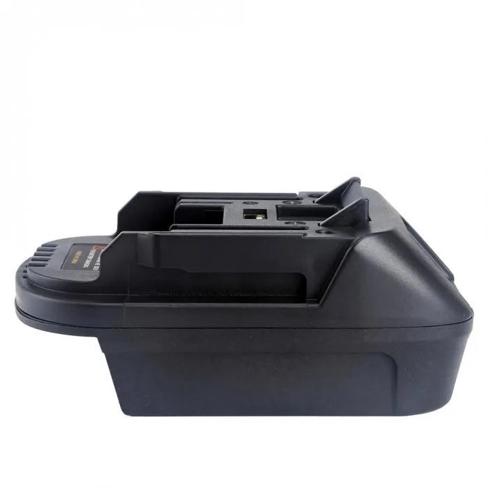 Black plastic battery adapter connecting Milwaukee DM18M tools to Makita H99F battery packs