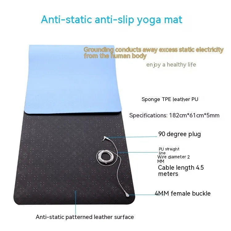 Blue conductive yoga mat with botanical plant pattern, grounding wire, and non-slip surface measuring 182x61cm
