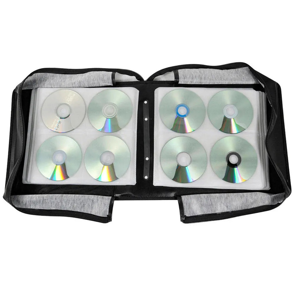 Black Oxford fabric CD storage organiser bag with zipper closure and top hand strap.