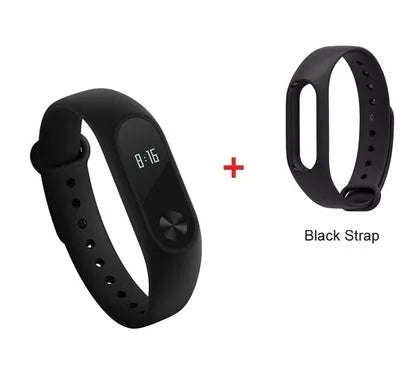 Black Xiaomi Mi Band 2 fitness tracker on wrist showing OLED screen with heart rate and step count.