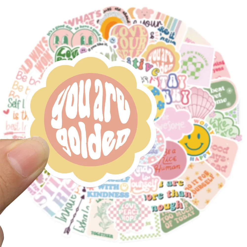 Self-adhesive motivational statement stickers in Danish pink graffiti colour with cartoon patterns, 4-6cm, pack of 50.