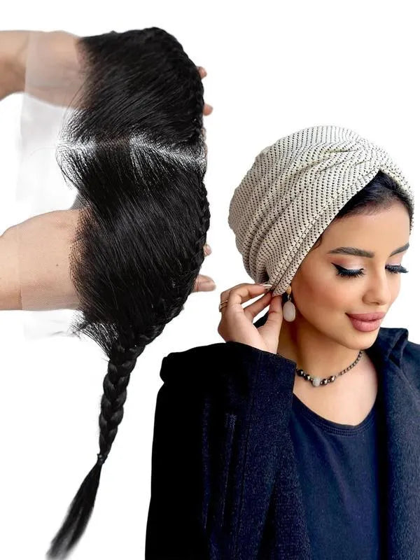 10 inch black pre braided wig with lace frontal and straight bangs on a mannequin head