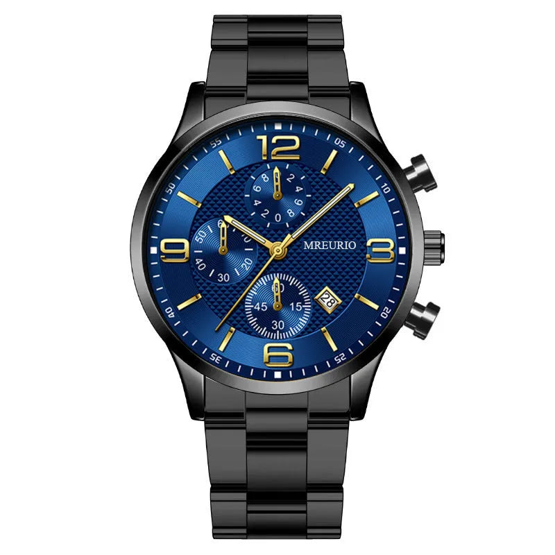 Fashion Numbers men's watch with three-eye calendar chronograph, black dial, silver hands, leather strap