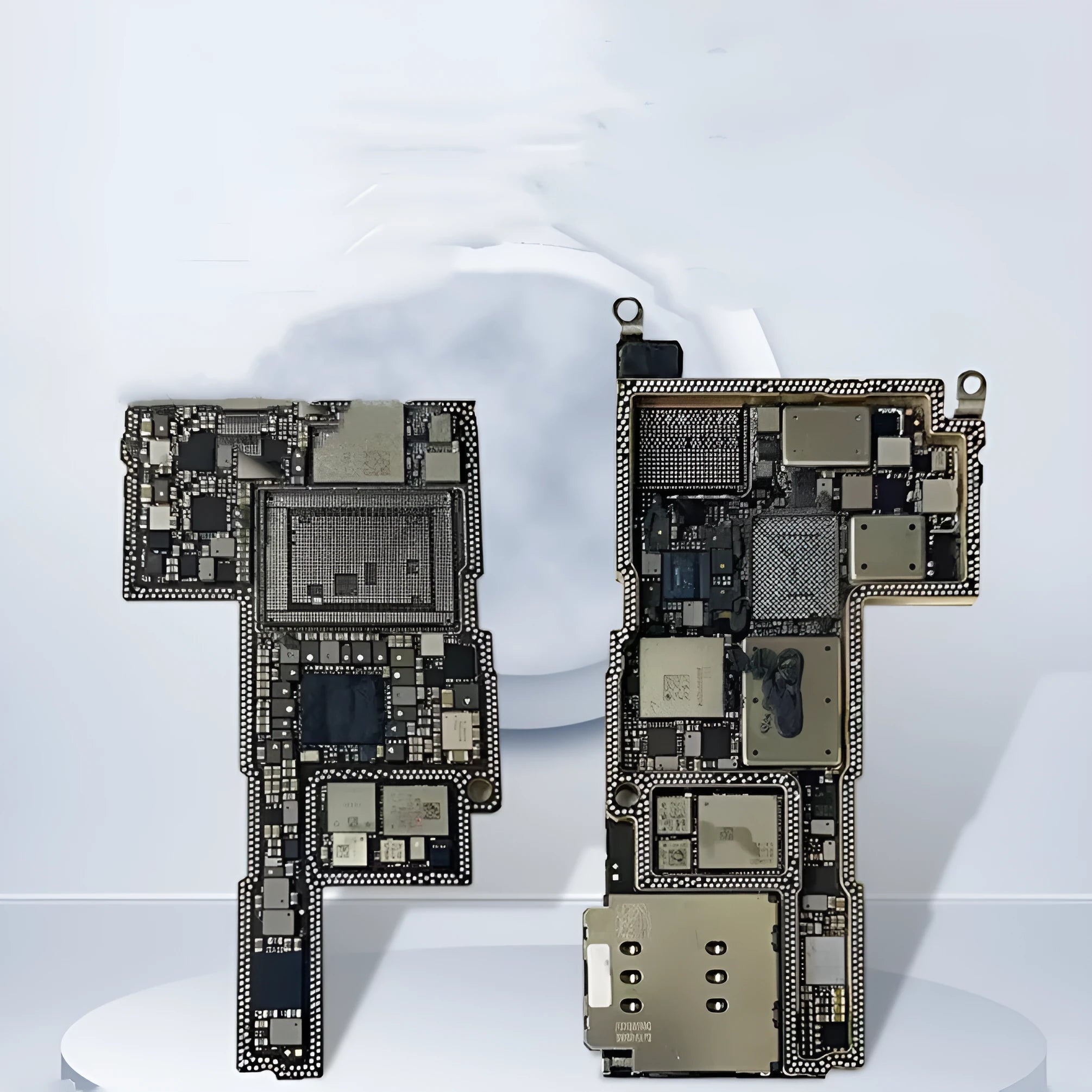 Silver-coloured Apple iPhone logic board spare part for iPhone 12 series phones.