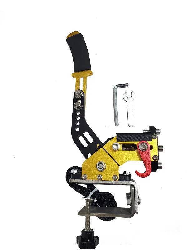 Black USB handbrake with aluminium bracket and clamp for PC racing simulators next to a racing wheel.