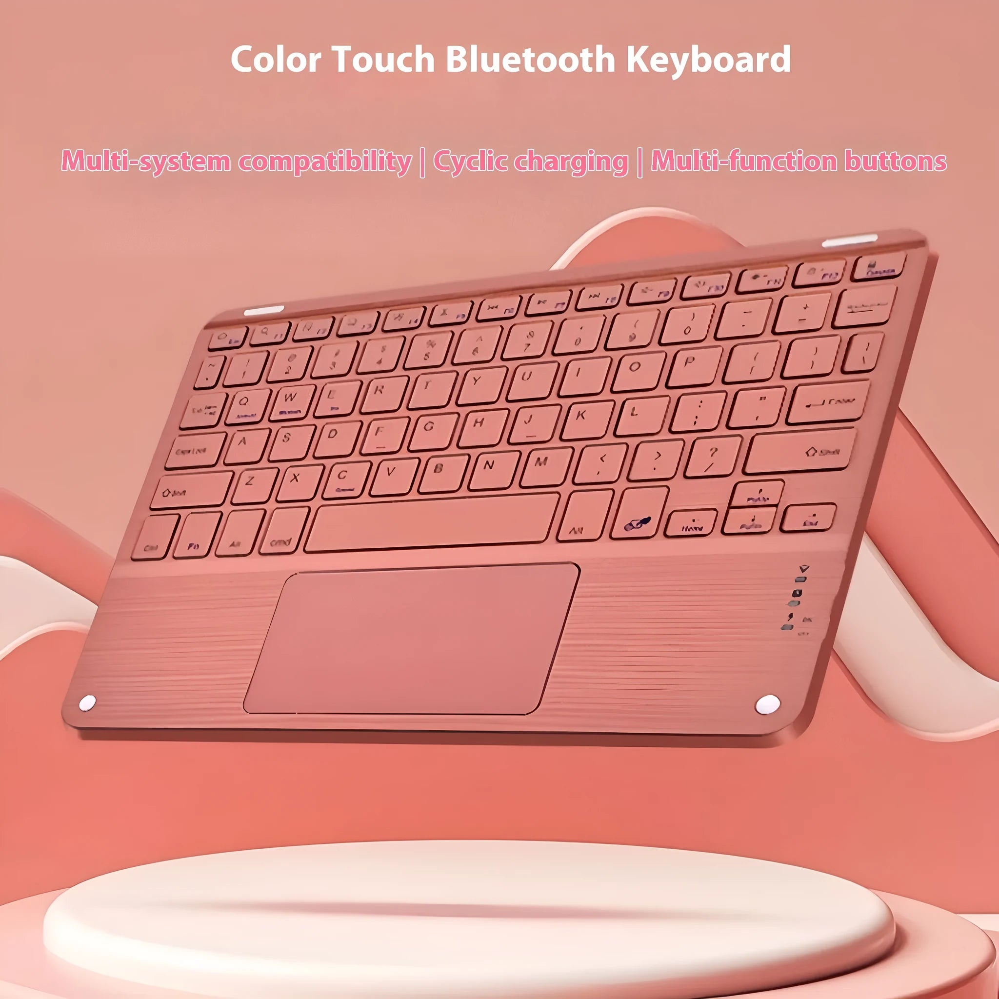Square Hat Bluetooth wireless charging keyboard showing colour touch panel options on black background