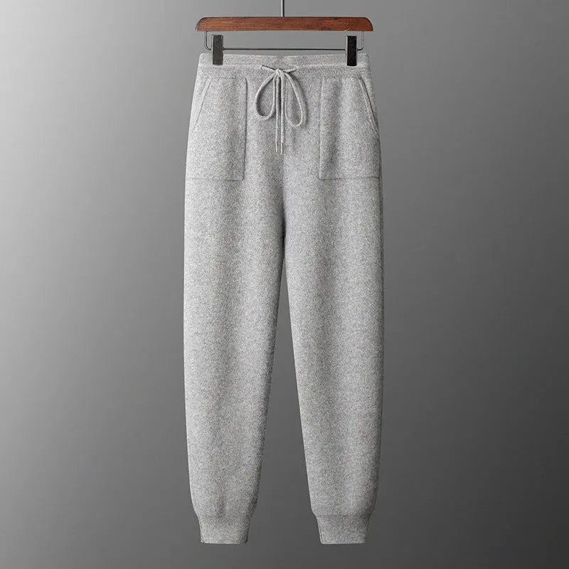 Men's light grey cashmere hoodie and pants casual winter set laid flat