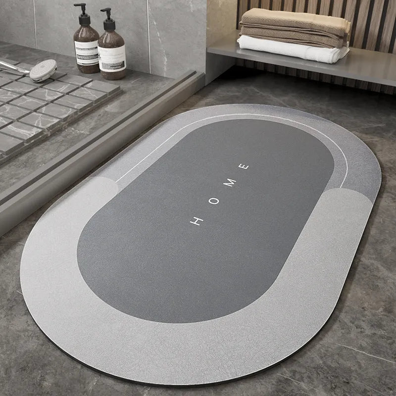 Blended fabric bathroom floor mat in blue, available in oval and rectangular shapes