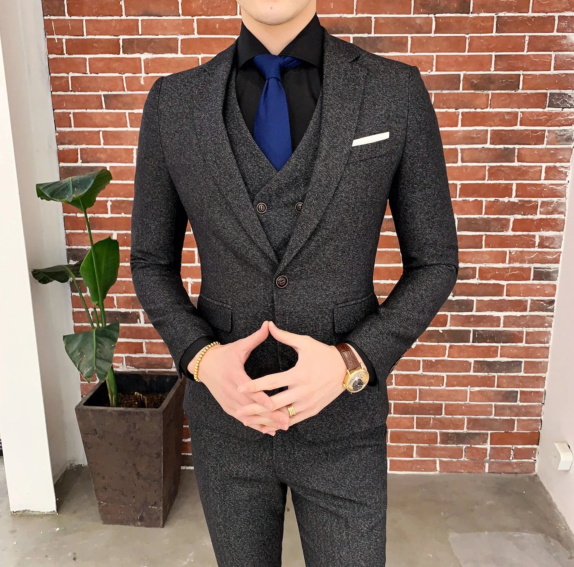Men's three-piece slim fit suit set in khaki, flat collar, single-breasted, cotton blend fabric