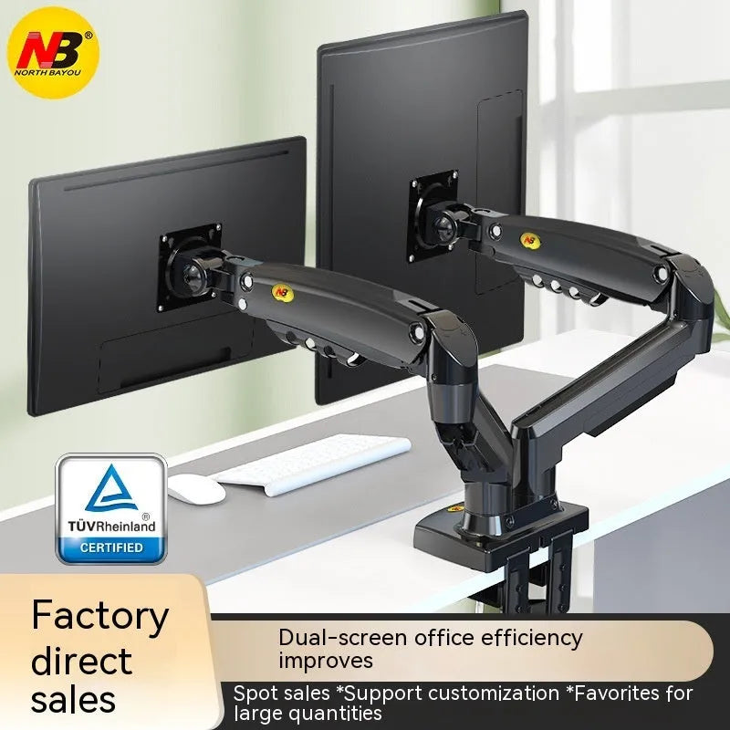 Dual screen lift-type monitor bracket made of silver aluminium alloy and black ABS plastic.