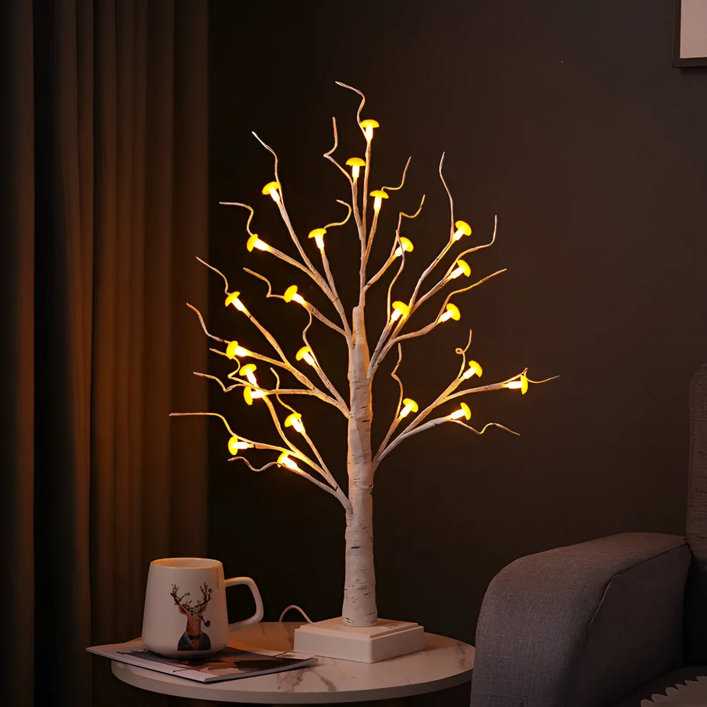 60cm tall plastic Mushroom Tree LED lamp with birch base and 24 small detachable flowers.