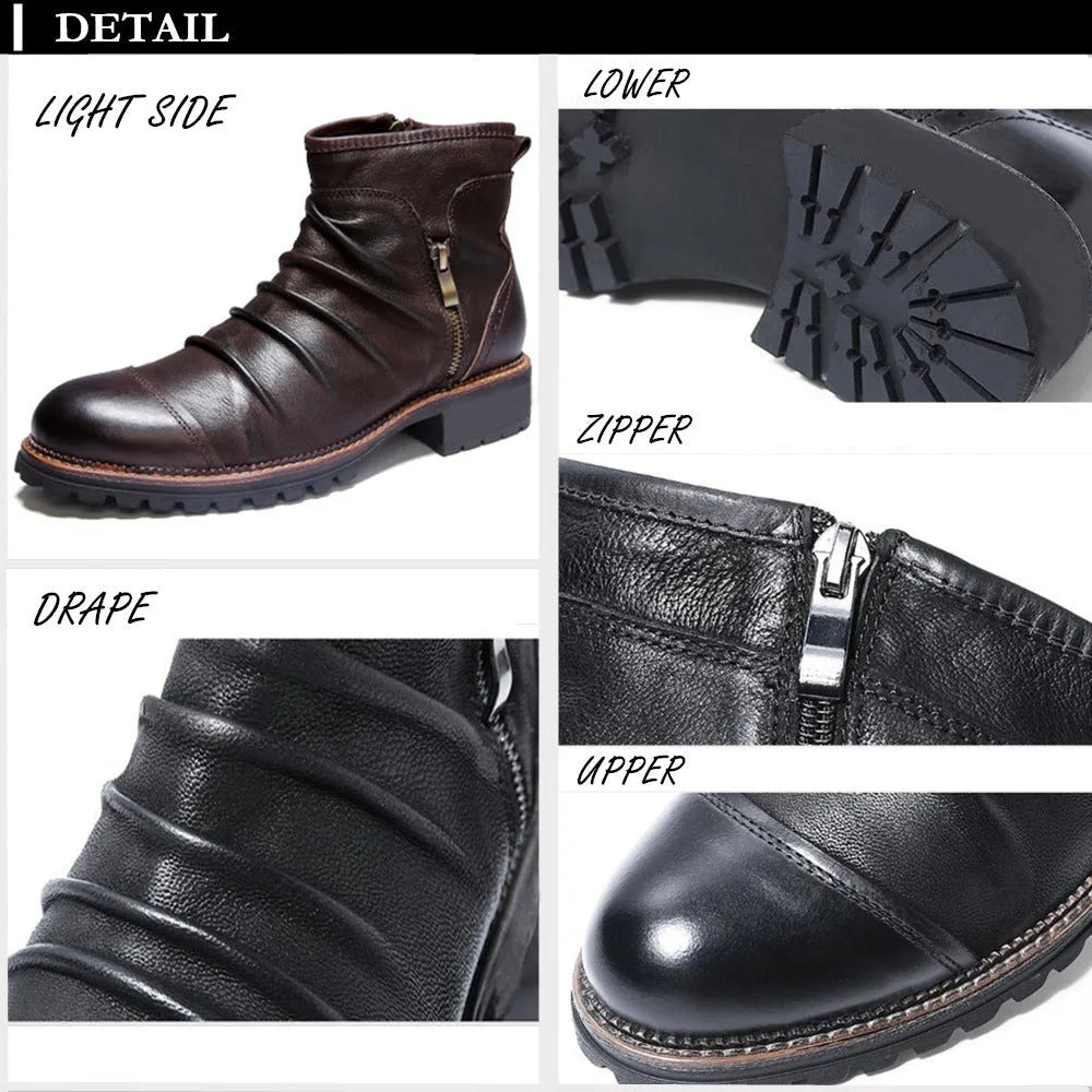 Black cowboy boots with side zip closure, embossed PU uppers, and horseshoe heel on wooden floor
