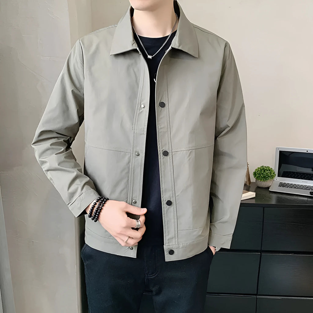 Men's thin single-layer Korean style jacket in charcoal grey on a hanger.