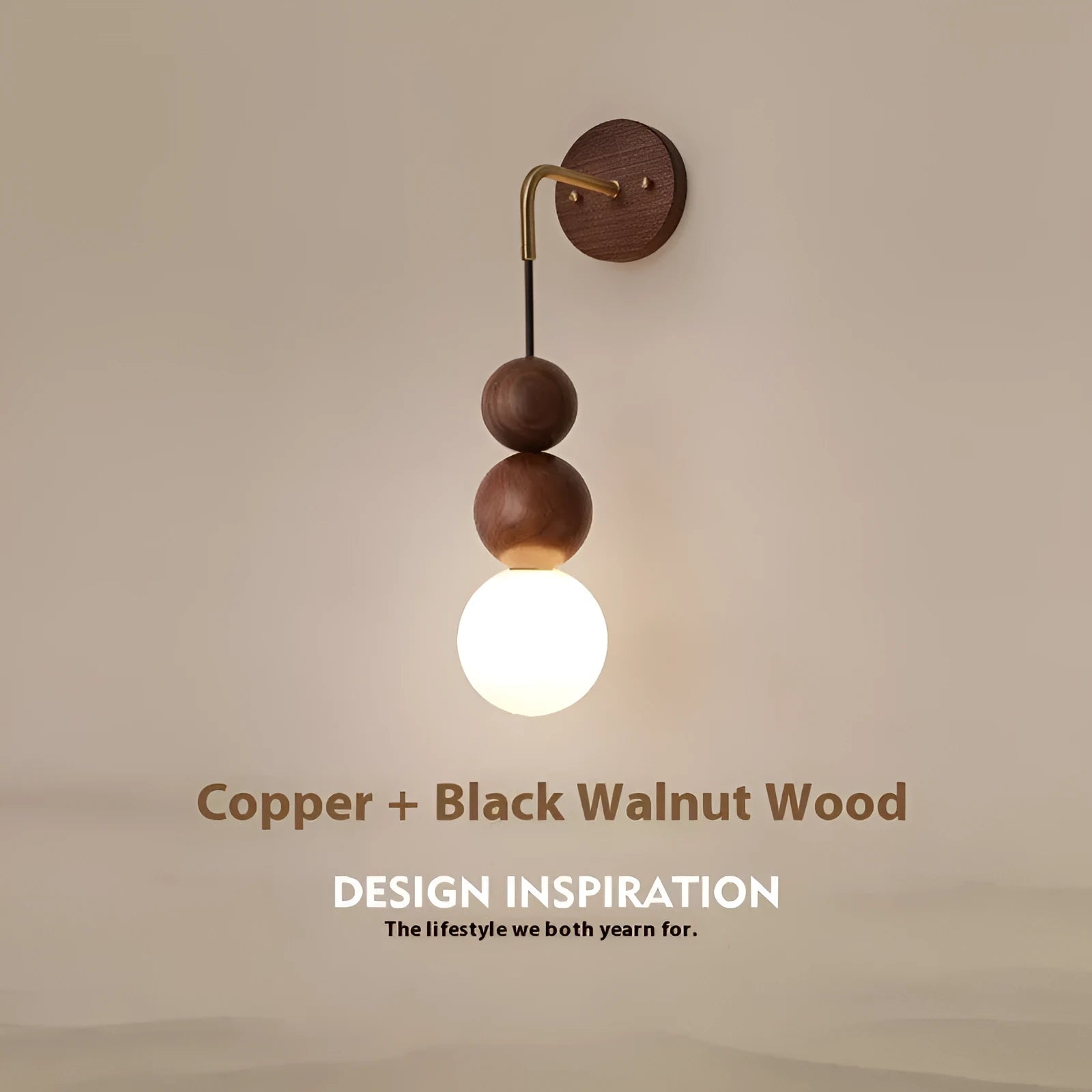 Wood and copper wall lamp with suspension wire and tricolour lighting, 10cm diameter 50cm height
