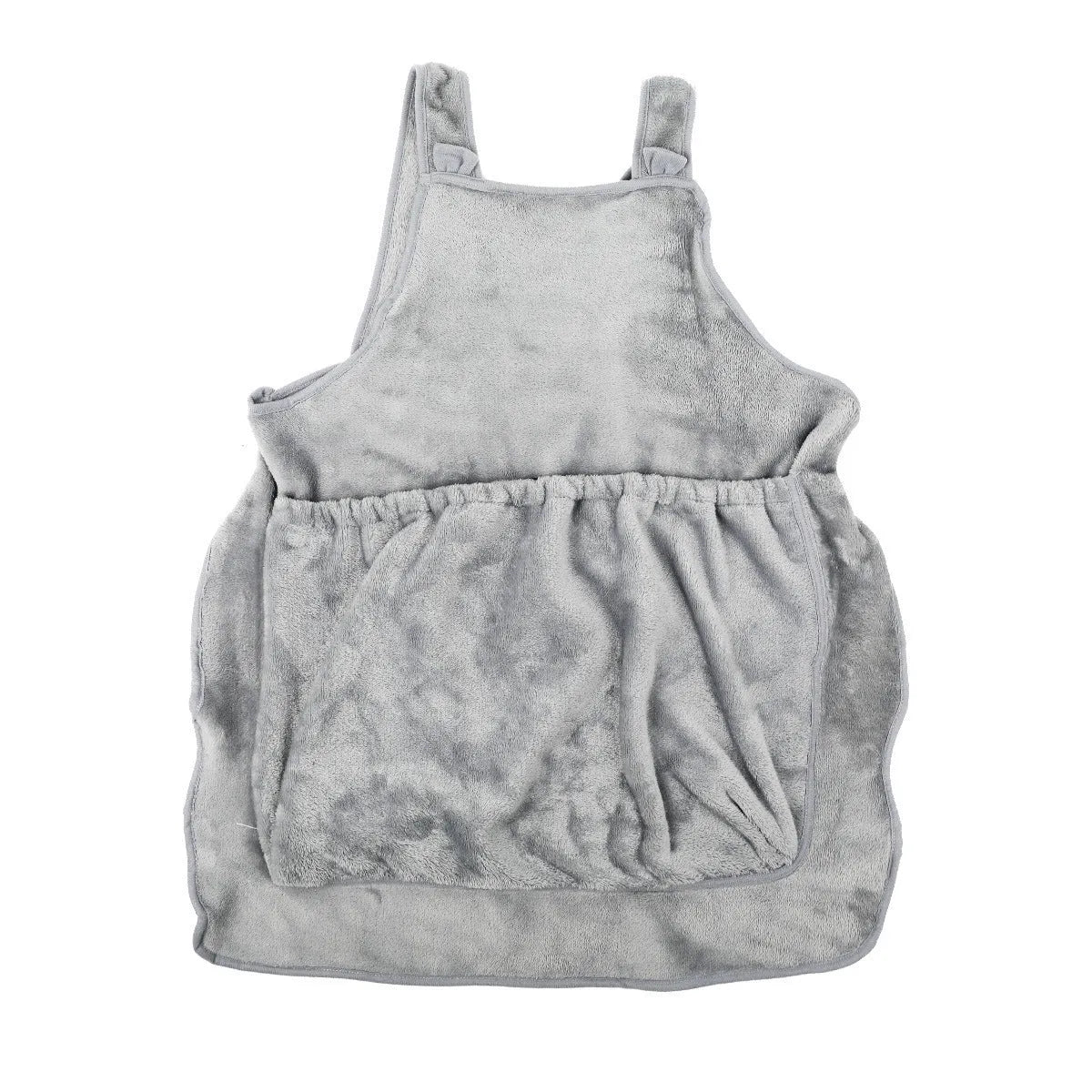 Plush pet carrier apron for small cats and dogs showing adjustable neck strap and pet opening