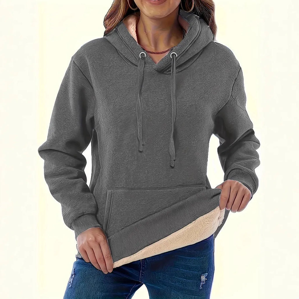 Women's thick polyester hooded sweater with 3D pattern, pockets, and loose fit design in multiple colours