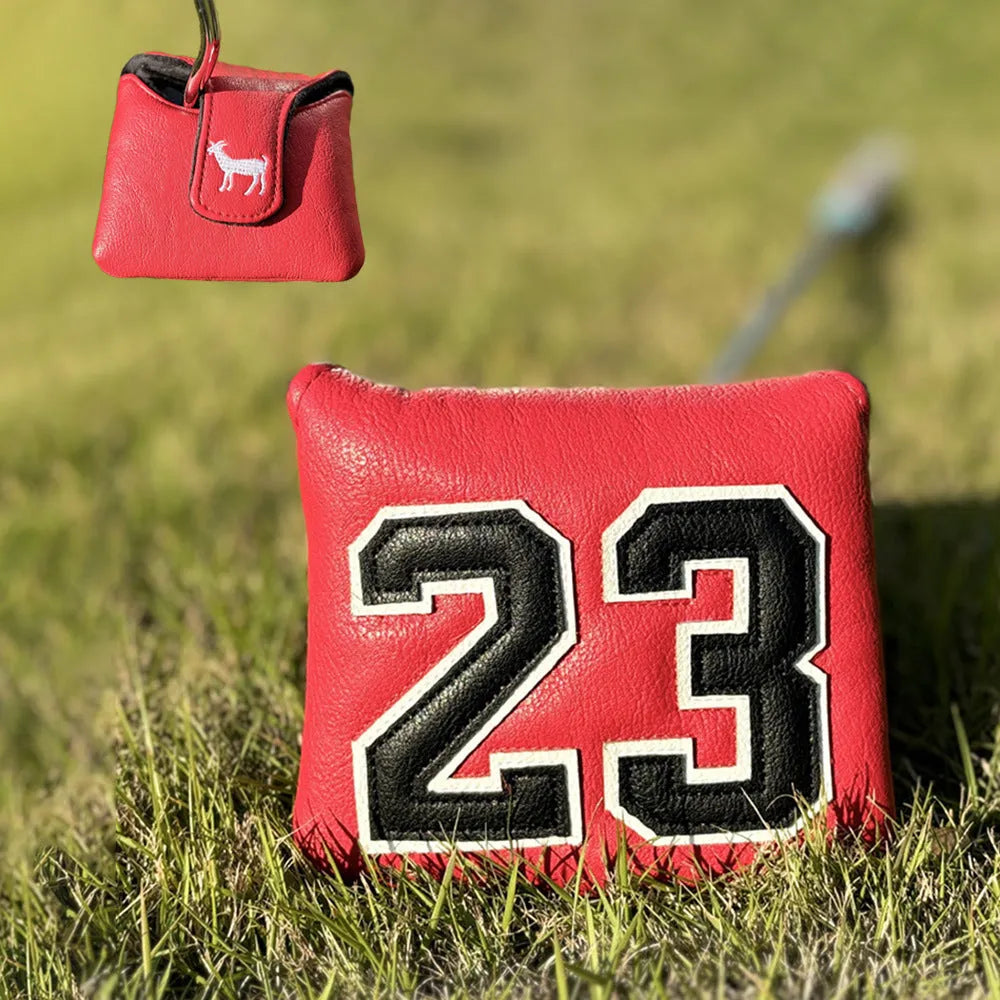 Ram golf club headcover set showing chicken drumstick UT cover, fairway wood sleeves, and square putter sleeve in red colour