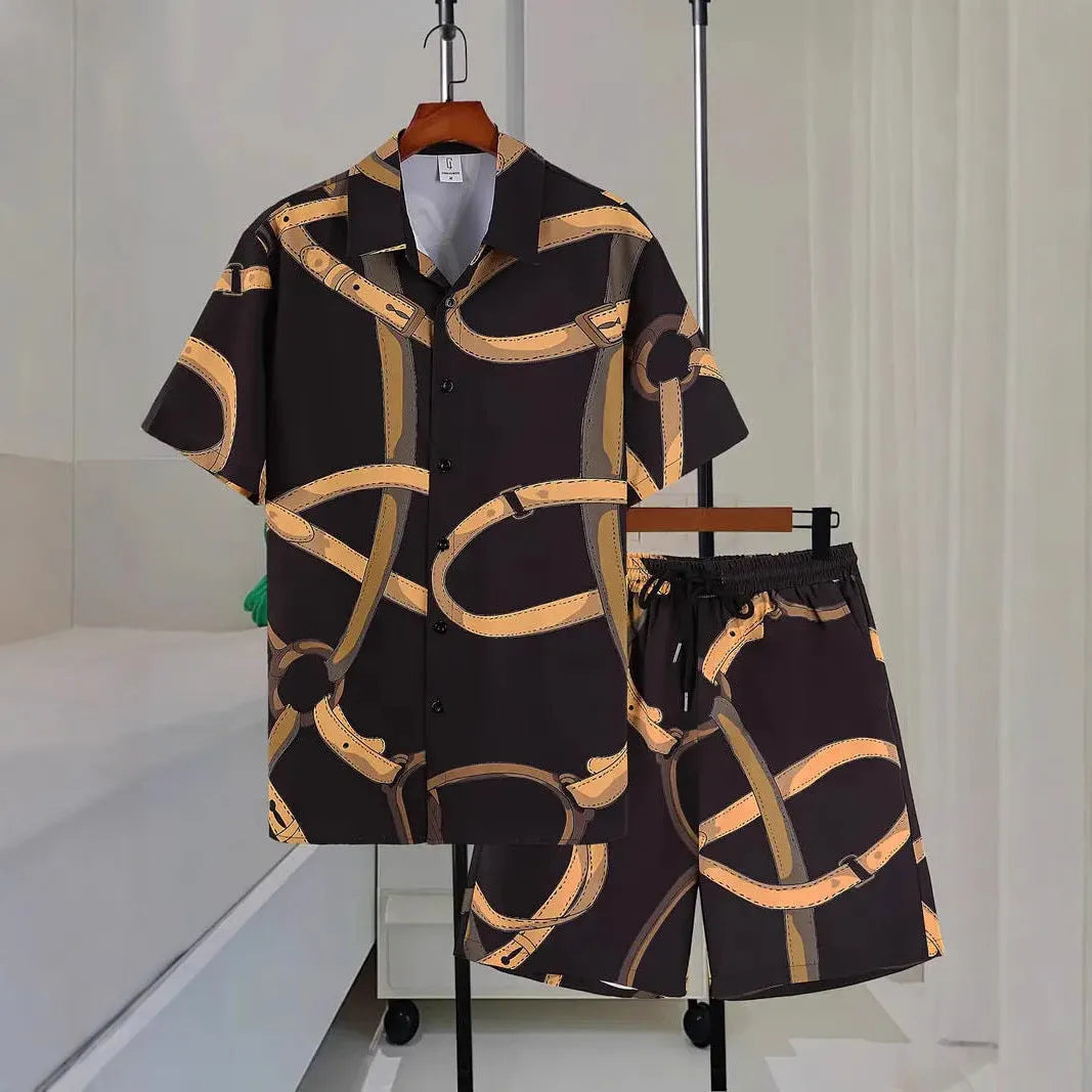 Wild printed men's short sleeve shirt and matching shorts set for summer casual wear, multiple sizes S to 4XL