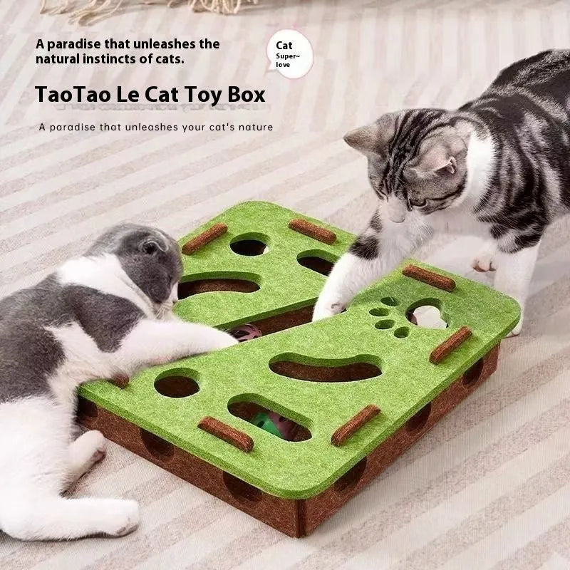 Square felt cat toy box with multiple entry holes for hide-and-seek play