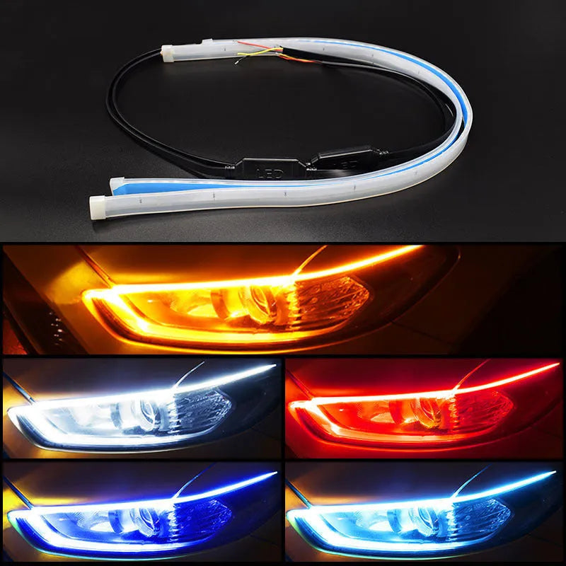 Flexible silicone car LED daytime running light strip with flowing turn signal functionality mounted on vehicle headlight